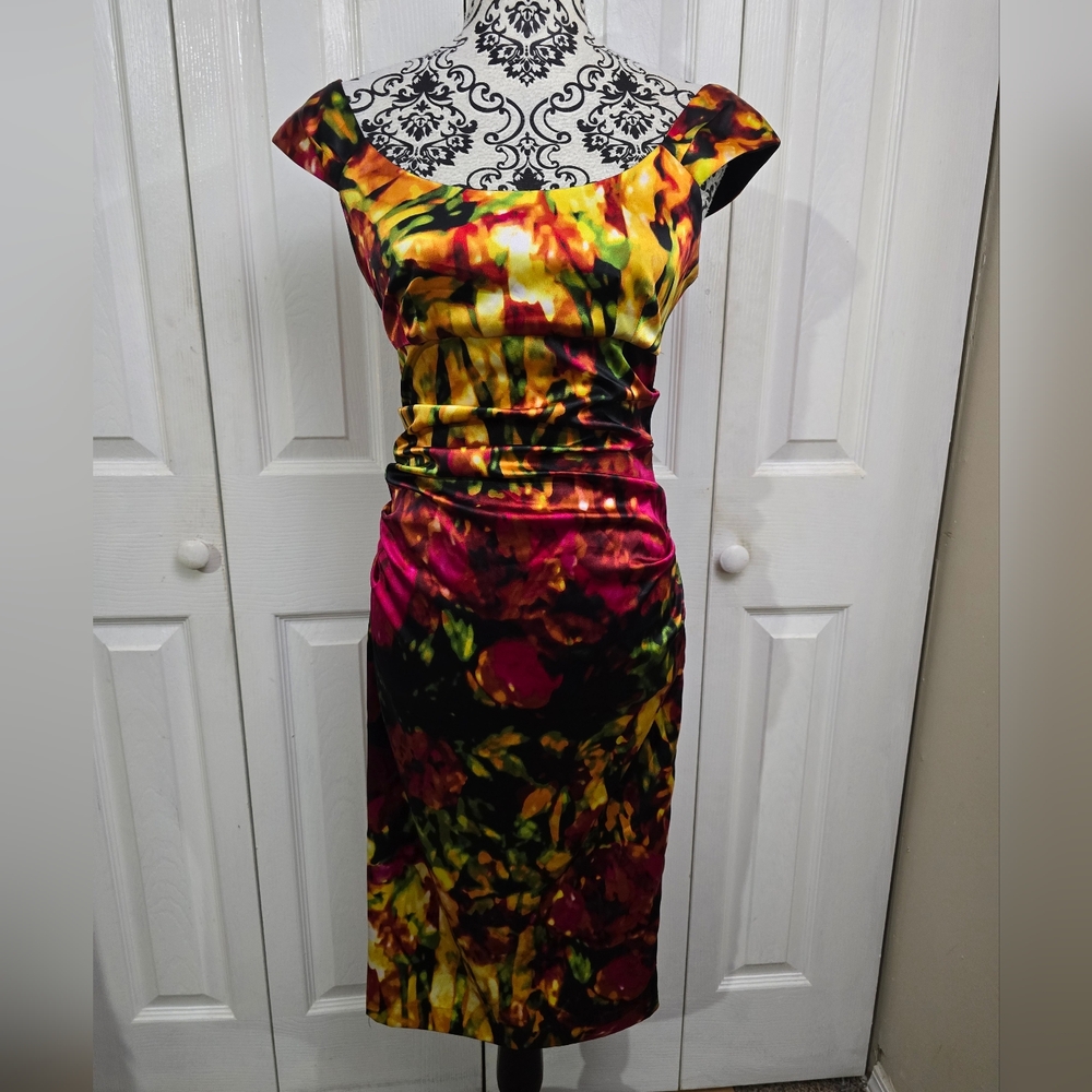 London Style Nights Colorful Floral Ruched Open Neckline Party Dress Size 4